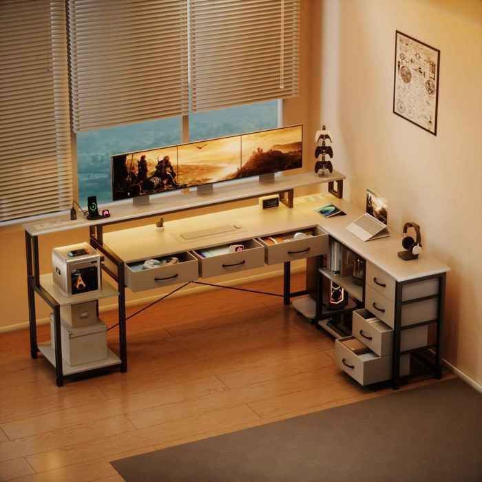 Bureau En L Avec Prises USB Et Bande LED - Tiroirs, Armoire à Fichiers, Support Moniteur Réglable