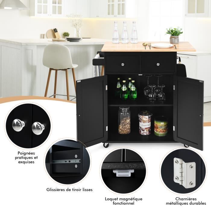 Desserte De Cuisine à Roulettes, Rangement Cuisine Plateau En Bois D Hevea 67 X 37x86 Cm Noir