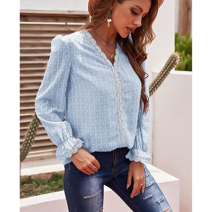 Chemisier Femme Dentelle Decontracte Col V Elegant Bleu Bleu Cdiscount Pret a Porter