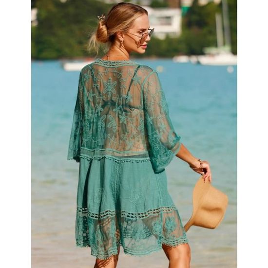 Robe de Plage Femme D t Dentelle Pareo de Plage pour Maillot de Bain Sexy Cache Maillots et Col V Kimono Tunique ROBE DE PLAGE