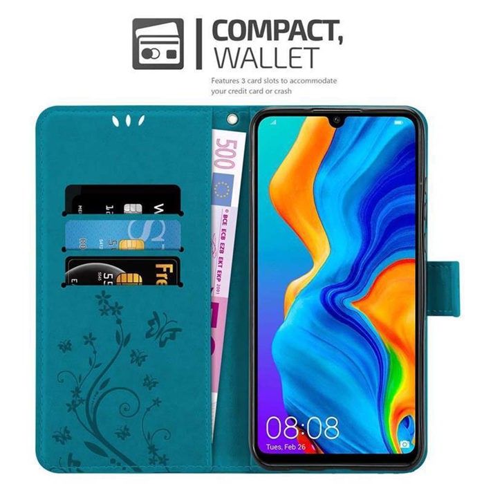 Housse étui Portefeuille Pour Huawei P30 Lite - Cuir PU + Jean, Aimant, Slots Cartes, Fonction Stand - Bleu Profond - 4