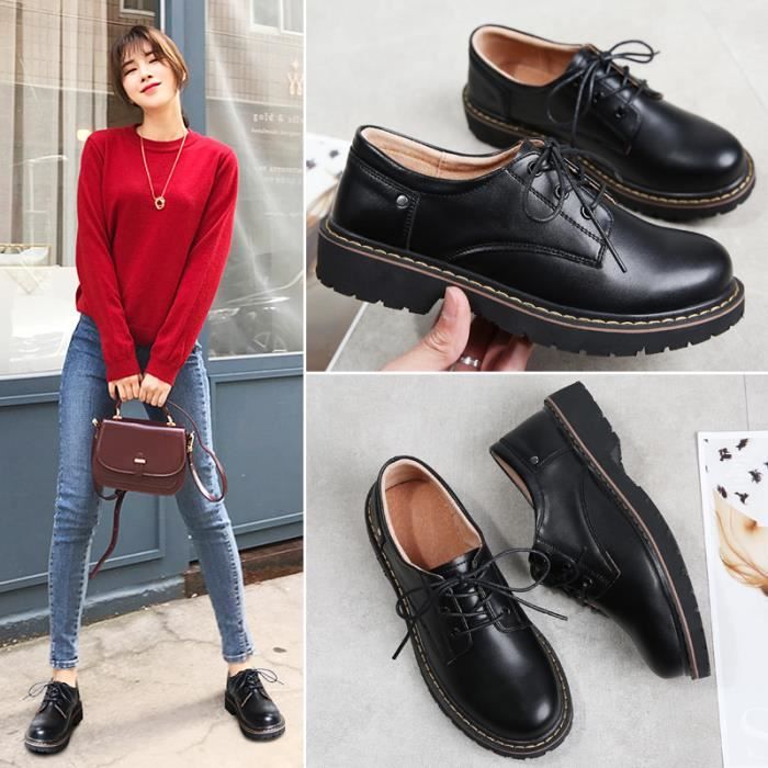 MR Richelieu Femme Mode classique Martin chaussures casual chaussures en cuir noir Noir Cdiscount Chaussures