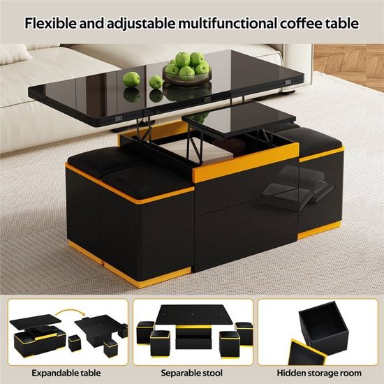 Table Basse, avec Plateau Relevable, avec Rangement Ouvert et Compartiment Caché, Gris Anthracite et Noir d'Encre - Maison