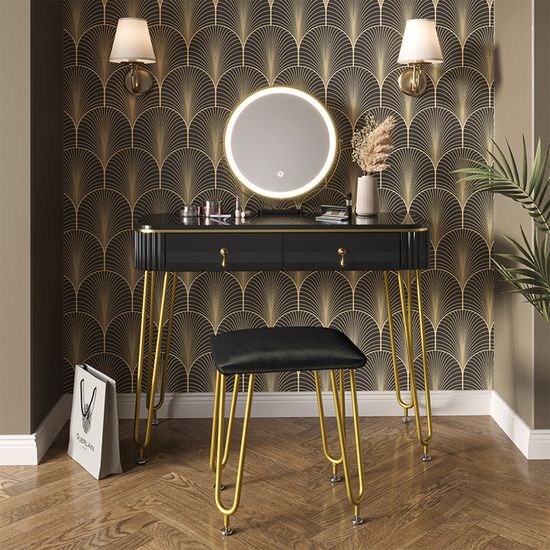 Coiffeuse Grace Vert Foncé Avec Miroir LED Et Tabouret Vicco