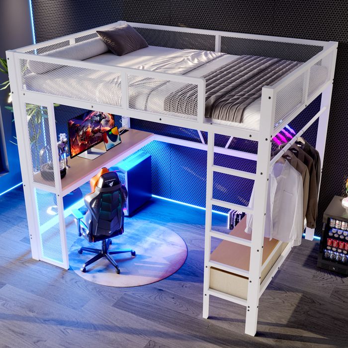 Lit Mezzanine Enfant/Ado 140x200 Cm Avec Bureau & Tiroirs – Structure Métal Blanc, LED RGB – Gain De Place, Sécurisé – Sans Matelas