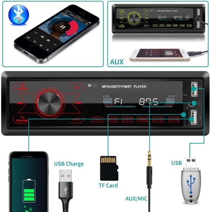 Autoradio Bluetooth, 7 Couleurs Stereo FM Radio 4x60W Poste Radio Voiture  Soutien Bluetooth/USB/SD/AUX/EQ / MP3 / TF + Télécommande - Cdiscount Auto