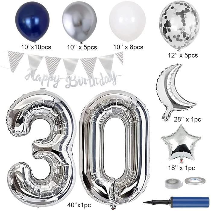 Ballons mylar argent anniversaire chiffre 30 ans