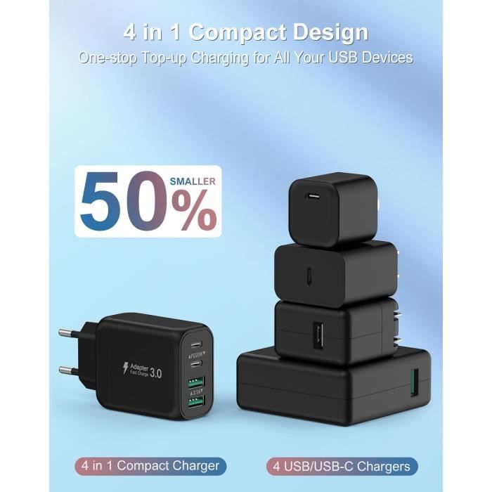 Chargeur USB-C 40W 4 Ports - PD Et QC Rapide - Compatible IPhone, Samsung, IPad - Compact, Voyage (Noir) - 9