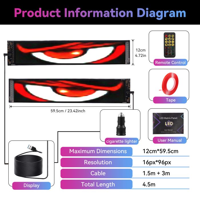 Yeux LED Pour Camion Et Voiture Devil Eyes 17/35/60 Cm, écran LED Flexible, Programmable Avec Télécommande Et Application, Dynamiques, étanches, USB, 102 X 348 Mm (20 X 64 Pixels