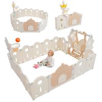 Parc Bébé 12+2 Panneaux Pliable, parc bebe avec panier de basket et balançoire, Parc pour enfants en Plastique, 205×164×72 cm, Rose