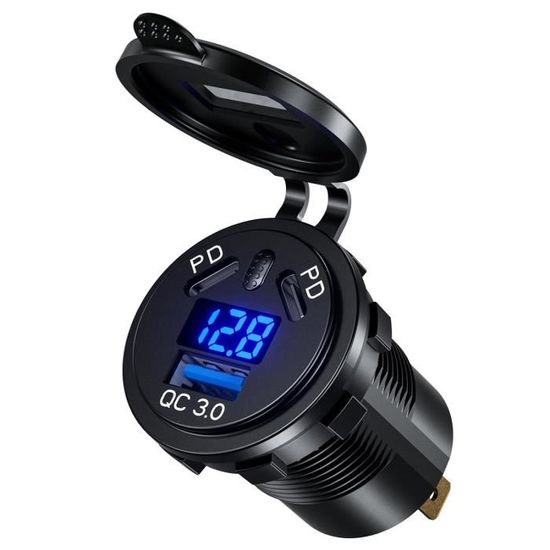 Prise USB Double Port 118W Aluminium - PD 100W + QC 18W - Pour Camping-car, Bateau, Voiture 12V/24V - Montage Encastré