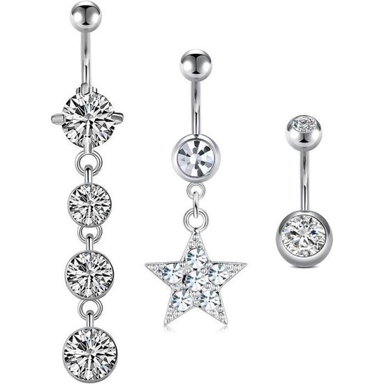Funseedrr Lot De 3 Piercings Nombril Acier Chirurgical 14G 10mm – Pendentifs Scintillants Argenté Pour Ventre