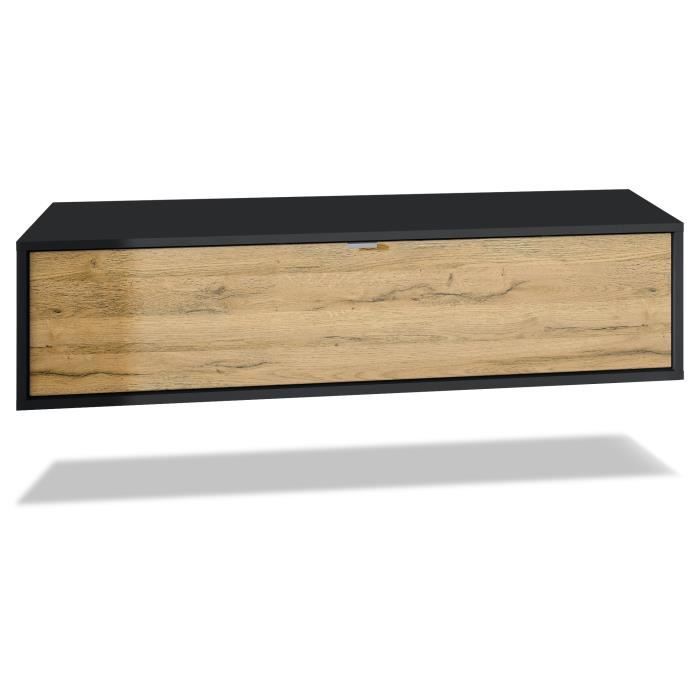 Meuble TV Lana 120 armoire murale lowboard 120 x 29 x 37 cm, caisson en Noir mat, façades en Chêne Nature