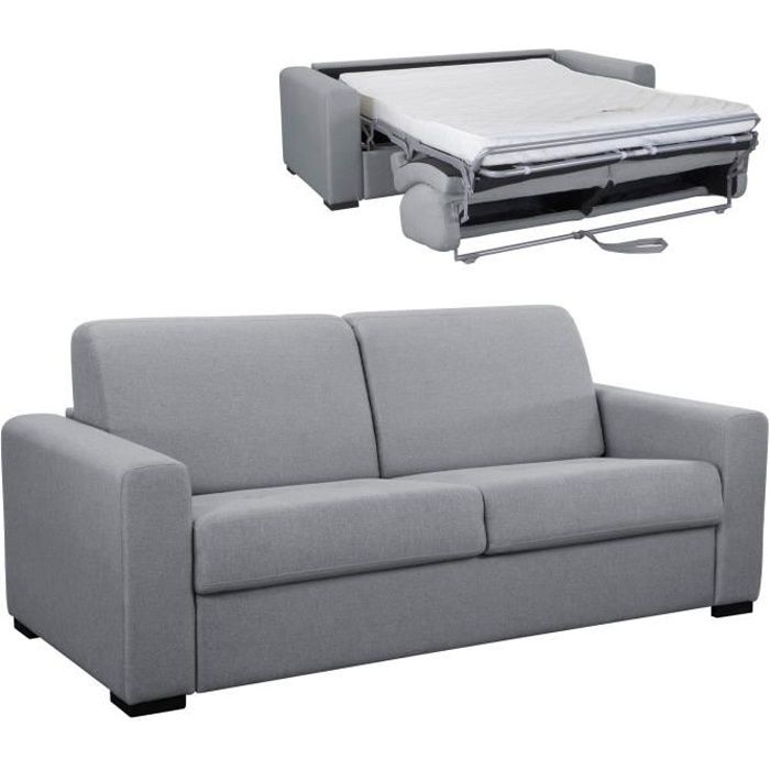Canapé convertible 3 places LOUNA LUXE en tissu gris ouverture express matelas 18 cm
