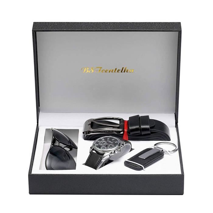 Bstcentelha pour Homme Cuir synthétique à Quartz analogique Montre Bracelet Ceinture Porte-clés Coffret Cadeau Lunettes de Soleil