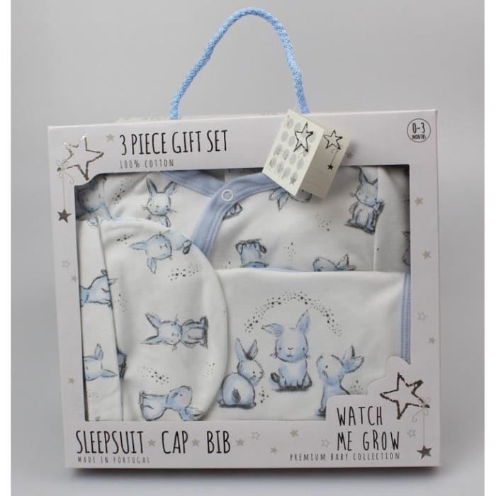 Coffret cadeau de naissance bébé garçon pyjama bonnet bavoir lapin bleu 3-6 mois