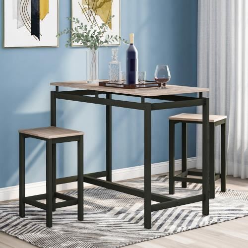 Table de Bar - Table de Bistrot avec 2 Tabourets de bar - Style vintage - Structure en métal - Plateau en MDF - Chêne Clair+Noir