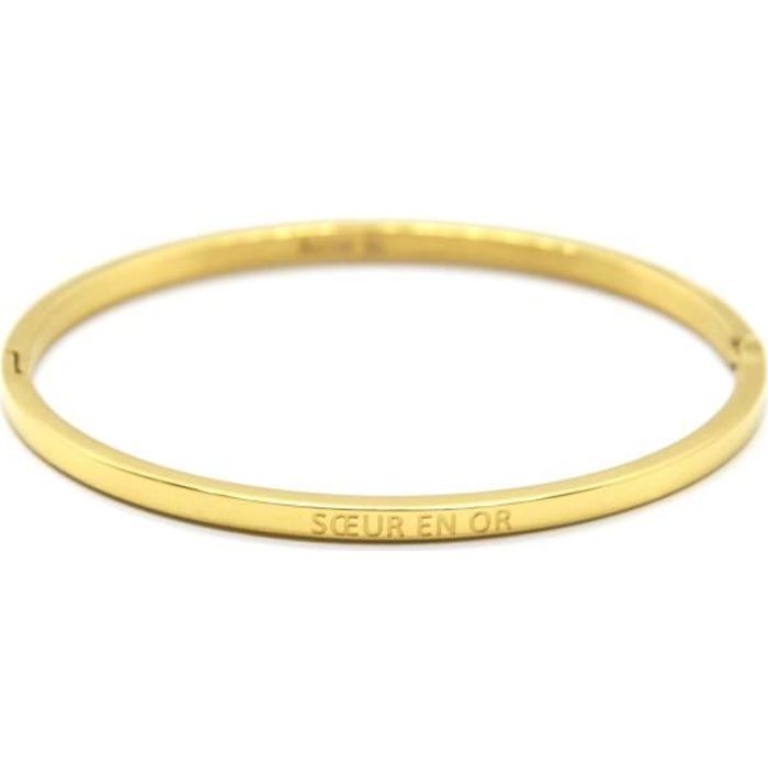 BC4258 - Bracelet Jonc Fin Acier Doré avec Message Soeur en Or