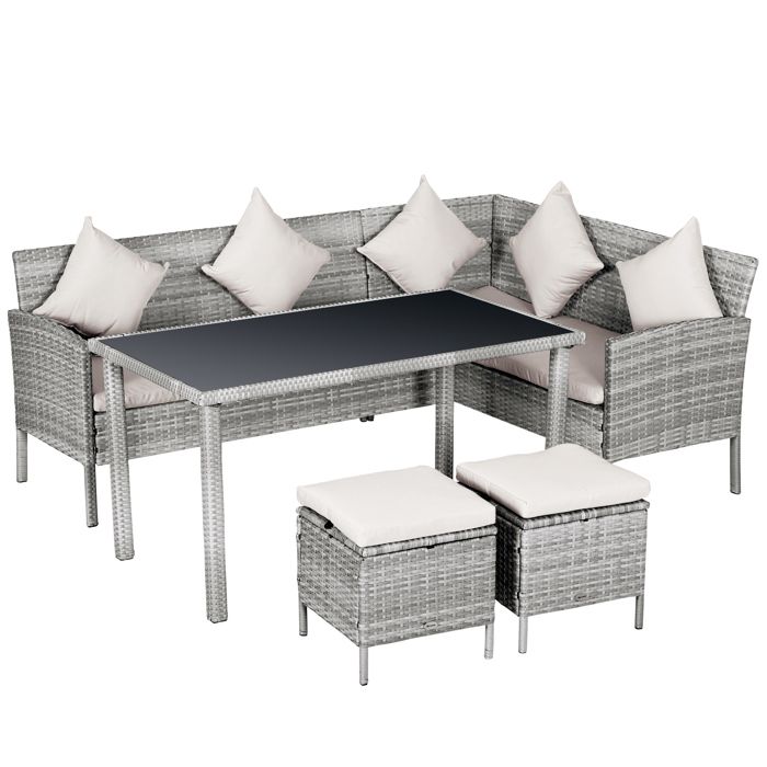 Salon de jardin 6 pers. grand confort canapé d'angle + 2 poufs + table à manger 9 coussins assise & dossier fournis résine tressée