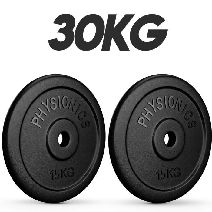 Physionics® Set de Disques de Poids - 2x15 kg, en Fonte, Ø30mm, pour Barre Longue/Courte - Ensemble de Plaques de Poids, Musculation