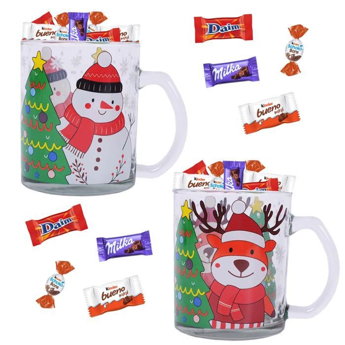 2 tasses Renne et Bonhomme de neige garnies de 25 chocolats de Noël