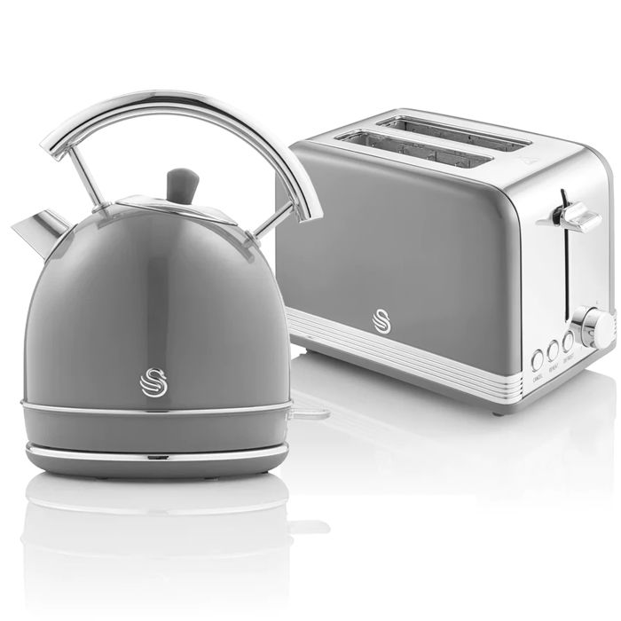Retro Set Petit-Déjeuner Bouilloire 1,8L Sans fil, Grille-Pain 2 Larges Tranches SWAN STP7050GRNEU Gris 57980