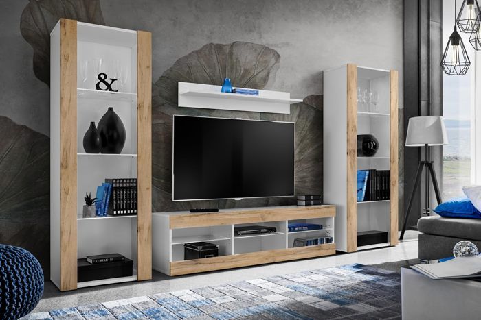 ensemble meubles tv blanc bois - rangements - étagères - modèle grand moderne - salon chambre
