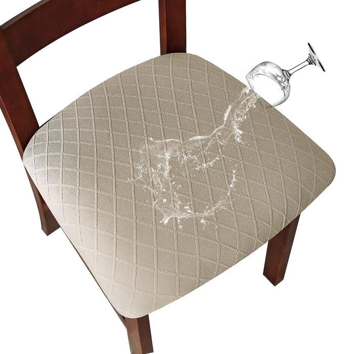 4 pièces Housse Assise Chaise Elastique Jacquard Extensible Housse de Chaise Gaufre pour Salle Manger couleur sable