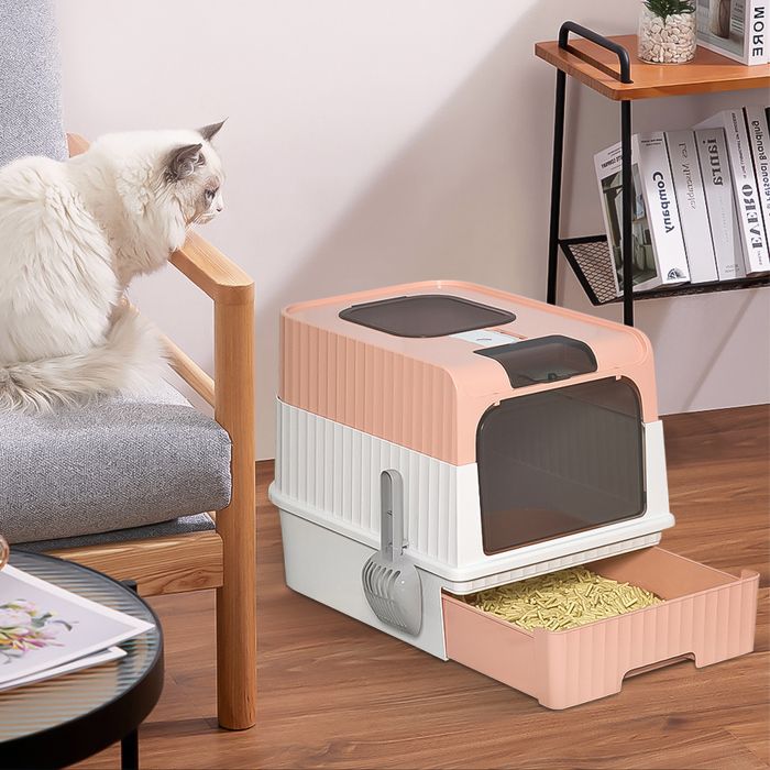 Meilleurs prix pour Bac à litière pour chat - pp plastique - avec 1 paquet de déodorant bac à litière pour tiroir - avec pelle à litière - rose