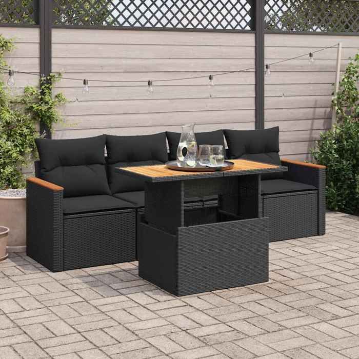 vidaXL Salon de jardin 5 pcs avec coussins noir résine tressée acacia 3327429