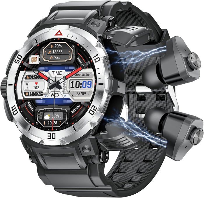 Montre Intelligente 3 En 1 Pour Homme Avec Casque Tws-Robuste-Bluetooth-Traqueur DAppel-Étanchéité Ip67-Pour Android Ios-Argenté