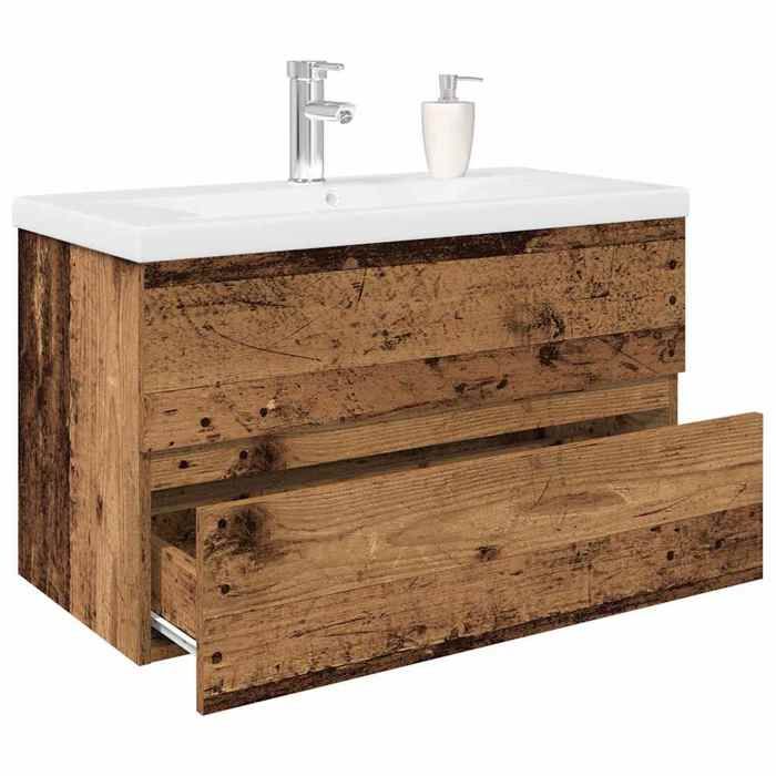 vidaXL Meuble lavabo avec bassin et robinet intégrés vieux bois armoire lavabo de salle de bain meuble de salle de bain 3328933