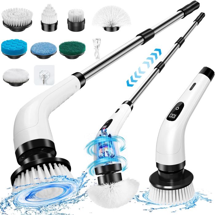 Brosse Nettoyage Electrique Rotative avec 8 Têtes Remplaçables Poignée Réglable de 115cm pour Salle de Bain Cuisine Voiture