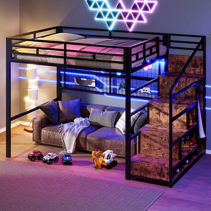 Lit mezzanine 140x200 cm structure en fer échelle de rangement lampes LED 7 couleurs grille pour suspendre des objets Noir Lit mezzanine 140x200 cm structure en fer échelle de rangement lampes LED 7 couleurs grille pour suspendre des objets Noir