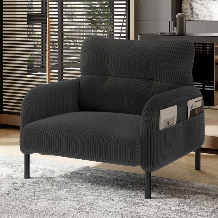Fauteuil velours Confortable Gris avec accoudoirs à poches pour le salon chambre Fauteuil velours Confortable Gris avec accoudoirs à poches pour le salon chambre