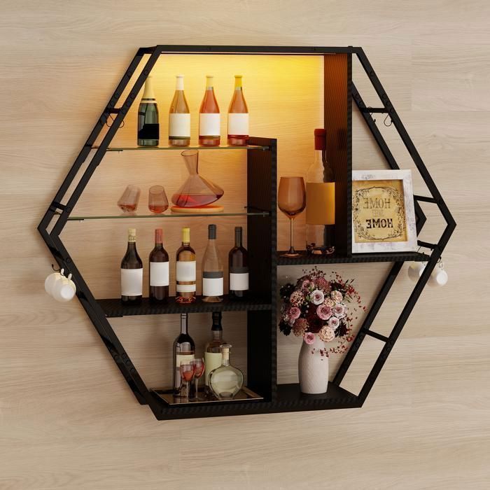 Étagère Murale à LED avec 8 Crochets 5 Niveaux de Rangement Étagère Flottante en Métal et Verre 100 cm Noir