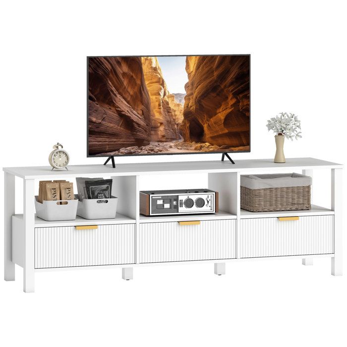 Meuble TV - HOMCOM - 65 pouces - 3 tiroirs et 3 étagères ouvertes - panneau de particules et MDF - 152x39 5x50cm - blanc Meuble TV - HOMCOM - 65 pouces - 3 tiroirs et 3 étagères ouvertes - panneau de particules et MDF - 152x39 5x50cm - blanc