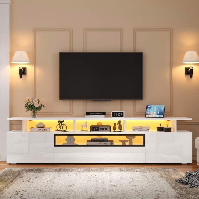 Meuble TV - LEMONBEST - 180x38x45 cm - Blanc brillant - LED contrôlable - 2 armoires 1 tiroir