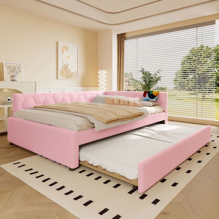 Lit Gigogne 140 x 200 cm lit d’appoint multifonctionnel port USB-C matériau confortable aspect feutre non tissé rose