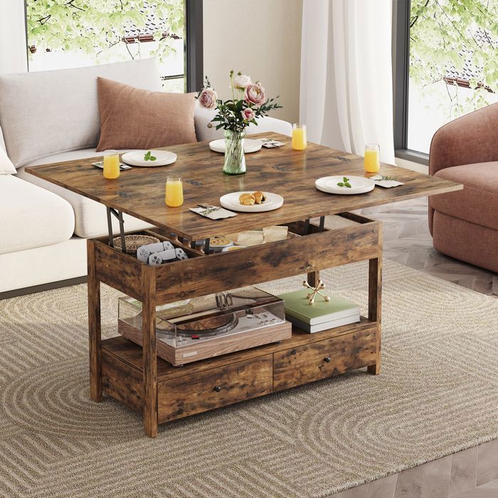 Table Basse HavenlyHome Table de Salon avec Plateau Relevable Pliant 2 Tiroirs Compartiment Caché 50 x 100 x 52 à 68 cm Marron