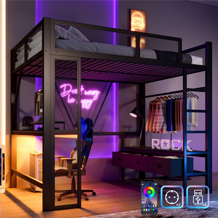 Lit Mezzanine Métal 140x200 avec Bureau et Rangement Lit Gaming 2 Places avec Multiprise USB et LED 3 Tiroirs et Penderie Noir