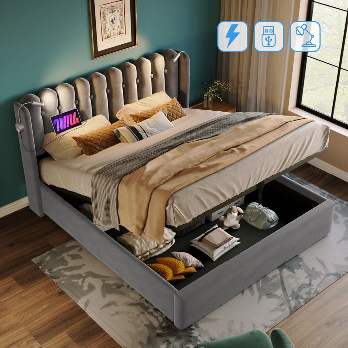 Lit Coffre Double avec Rangement 140 x 200 cm Lit Adulte avec Lampe de Lecture et USB Lit rembourré avec Lattes Velours Gris