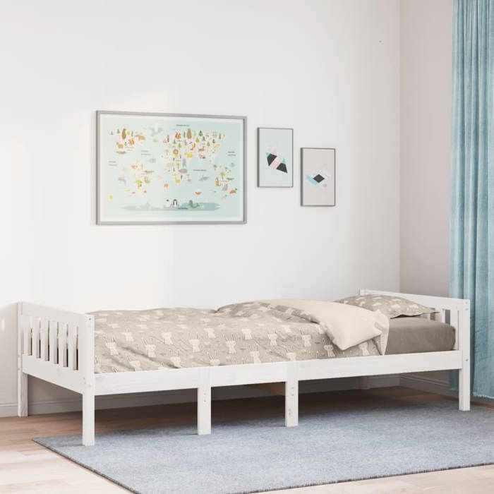 Lit pour enfants en bois de pin - UU - 90x200 cm - Blanc - Bois de pin massif - Sommier à lattes