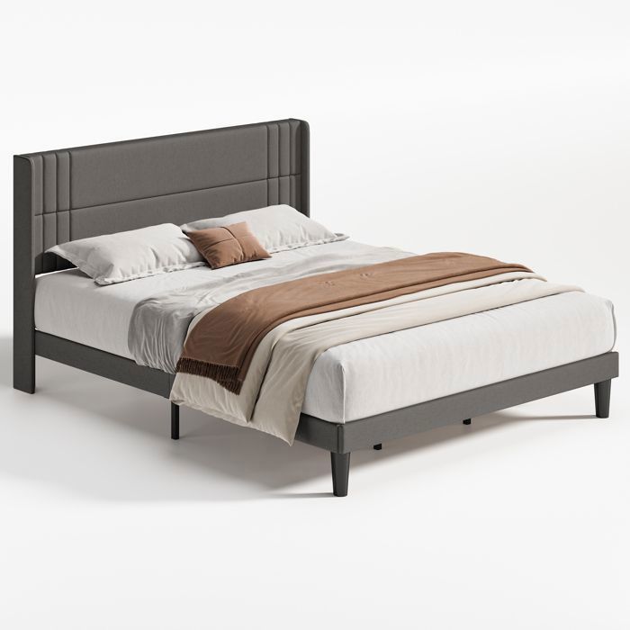 Structure de Lit - Bealife - 180 x 200 cm - Lit Rembourré - Lattes en Bois de Sapin - 2 Places - Rangement 20 cm H - Gris
