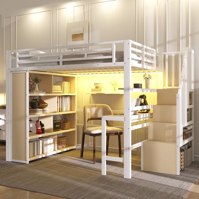 Lit mezzanine en métal 140x200 cm avec bureau et Éclairage LED lit superposé enfant avec escalier de rangement et Étagères blanc