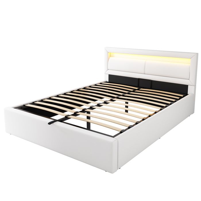 Lit Double 140x200 cm - Adulte/Ado avec LED Rangement et Lit Capitonné Moderne - Sommier À Lattes - Sans Matelas - Blanc