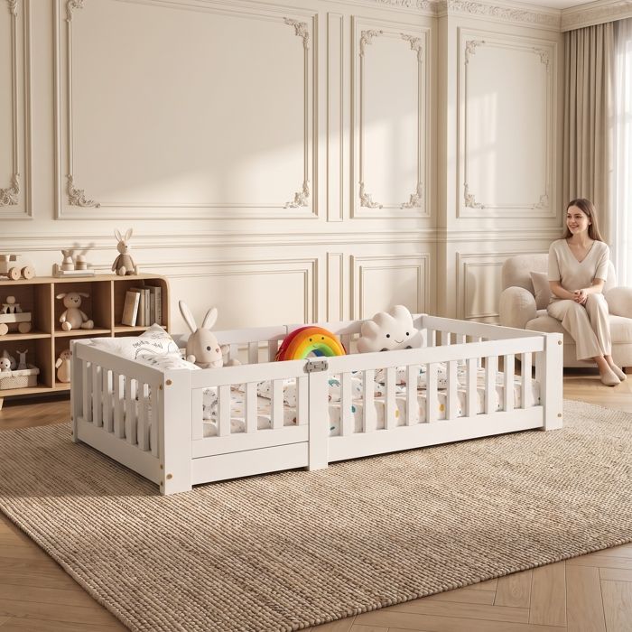 Lit Montessori - RWUDV - Lit 90x200 cm - Bois blanc - Sommier à lattes inclus - Lit cabane