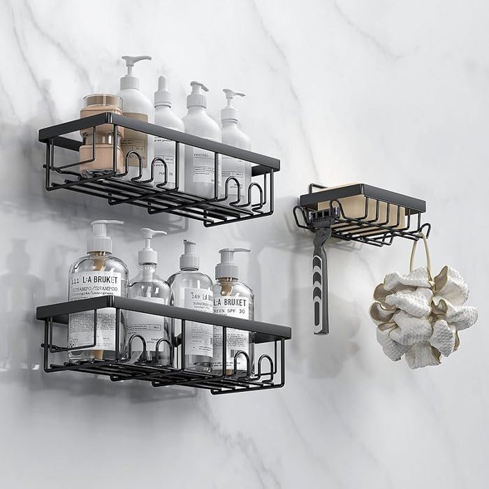 Rangement salle bain 3 pièces noir étagère douche adhésifs rangement et organisation noir PORTE ACCESSOIRE DE SALLE DE B