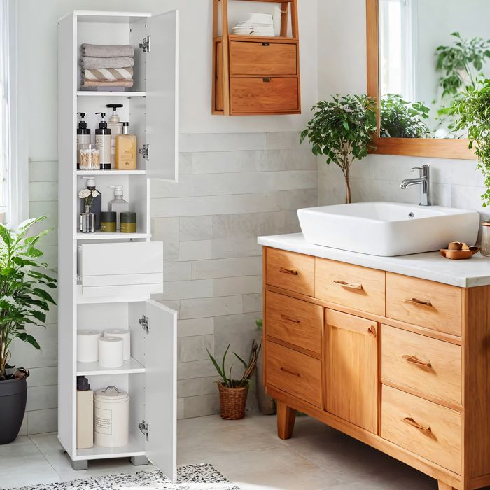 Meuble de Salle de Bain avec Un Tiroir Étagères Ajustables Compartiment Ouvert 30 x 30 x 170 cm Blanc