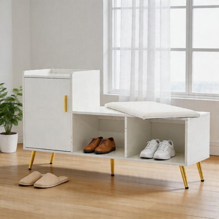 Banc-coffre à chaussures - 120 x 35 x 71 5 cm - laqué blanc brillant - 3 étagères réglables - banquette rembourrée